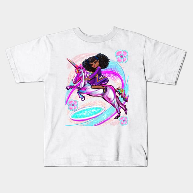 Princess for a black girls who loves unicorns pony Anime girl Natural Afro hair corn rows african American girl riding a pony unicorn Kids T-Shirt by Artonmytee